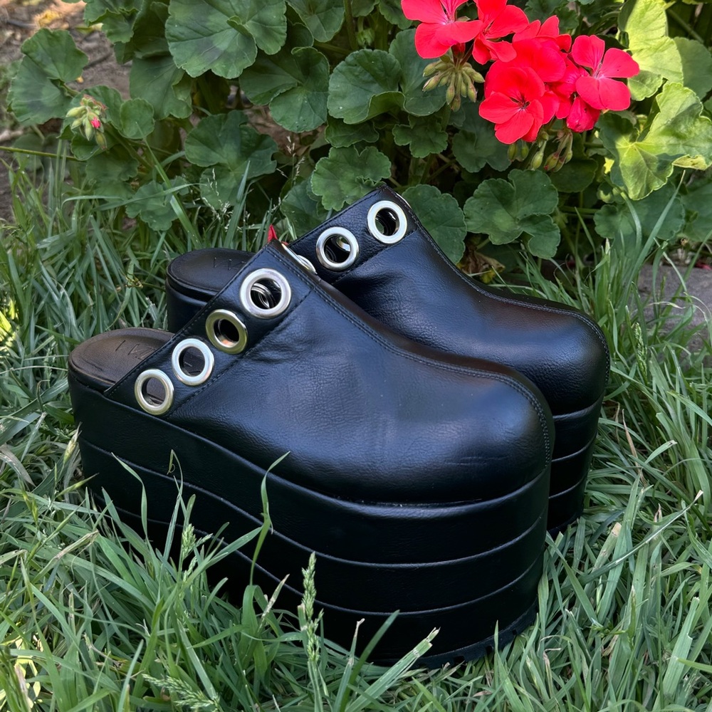 Dolls Kill Black Platform Clog Mules with Silver Eyelets - Picture 3 of 9